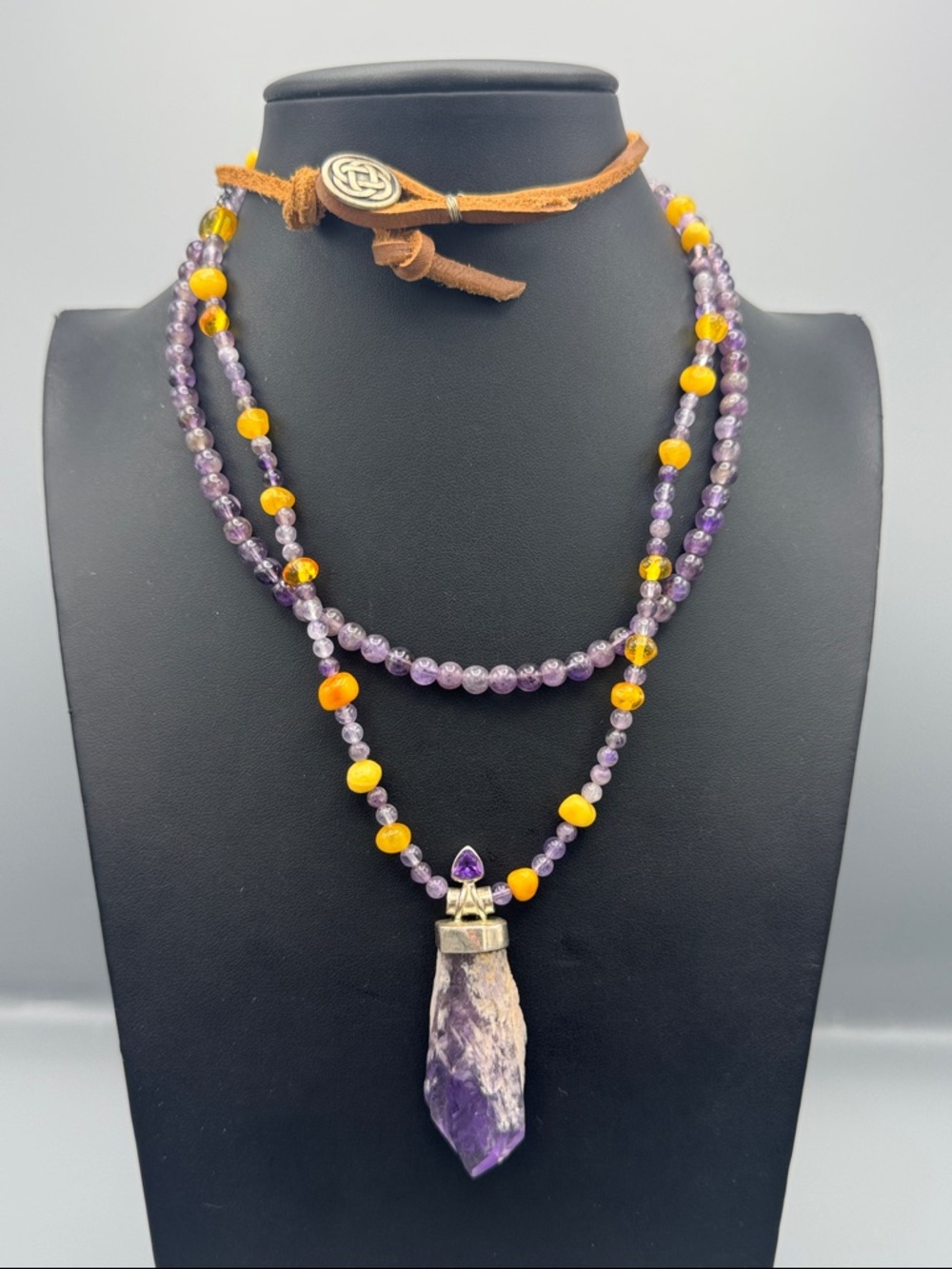 Sterling Amethyst, Yellow Bead Double Strand Necklace with Raw Amethyst Pendant
